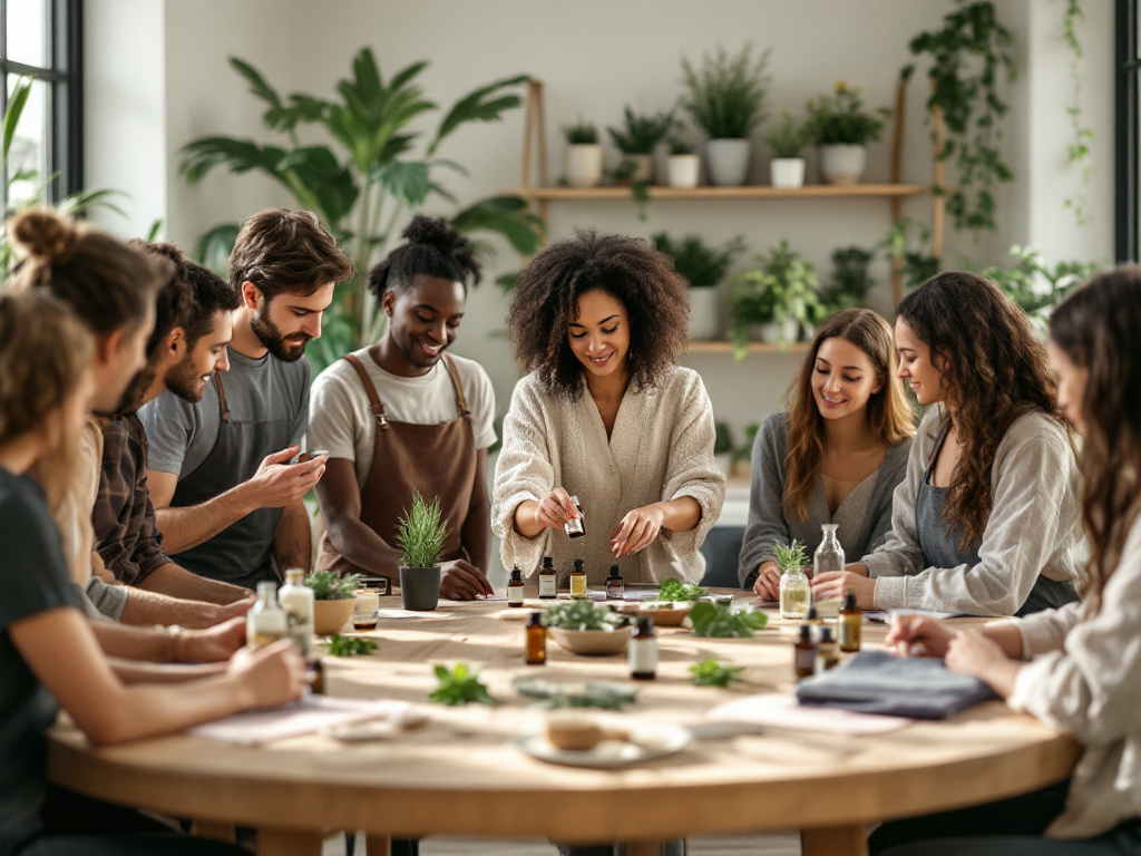 Gruppe von Menschen beim kreativen Workshop zur Herstellung von ätherischen Ölen und Naturkosmetik in einem hellen, pflanzenreichen Raum mit einem runden Tisch voller Pflanzen, Ölen und Materialien.