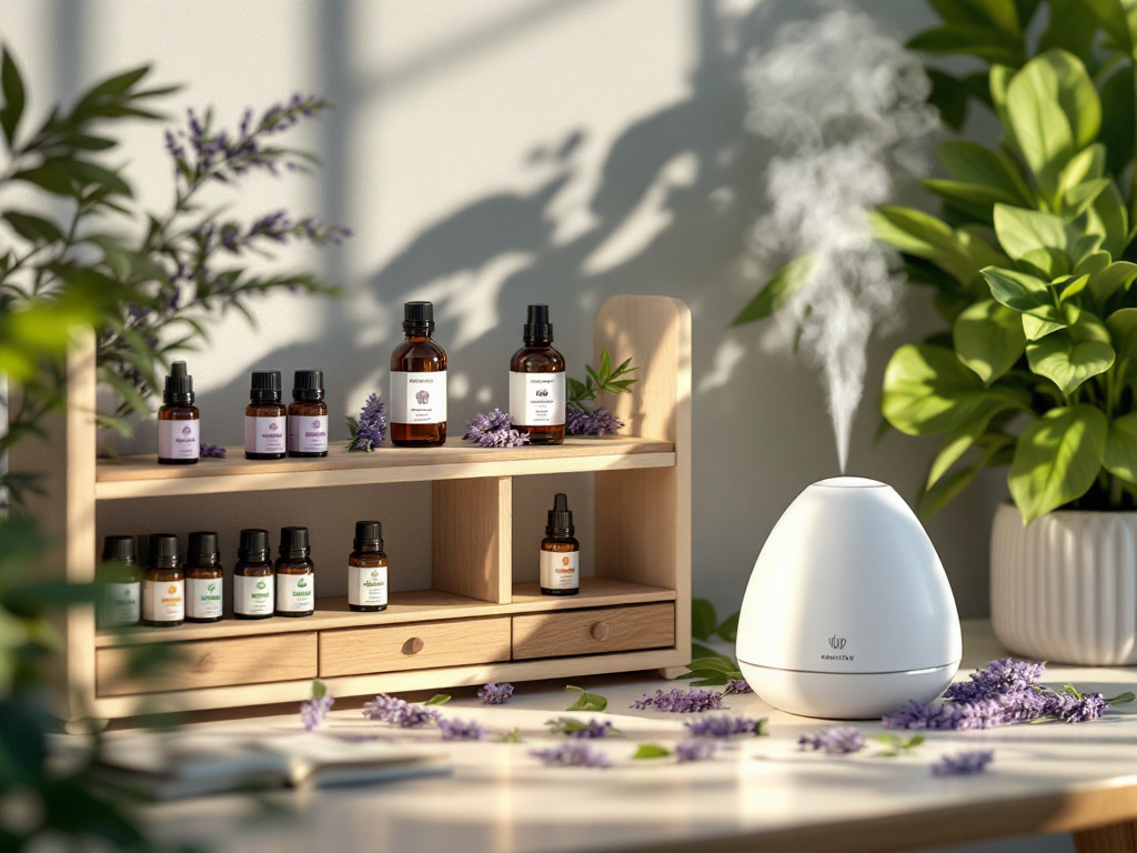 Aromatherapie-Lounge mit Lavendel-Öl, Wellness-Raum zur Entspannung und Stressabbau, Luxusambiente für ein entspanntes Erholungserlebnis.